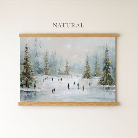 a snowy winter scene with people walking across a frozen lake, surrounded by snow-covered trees.