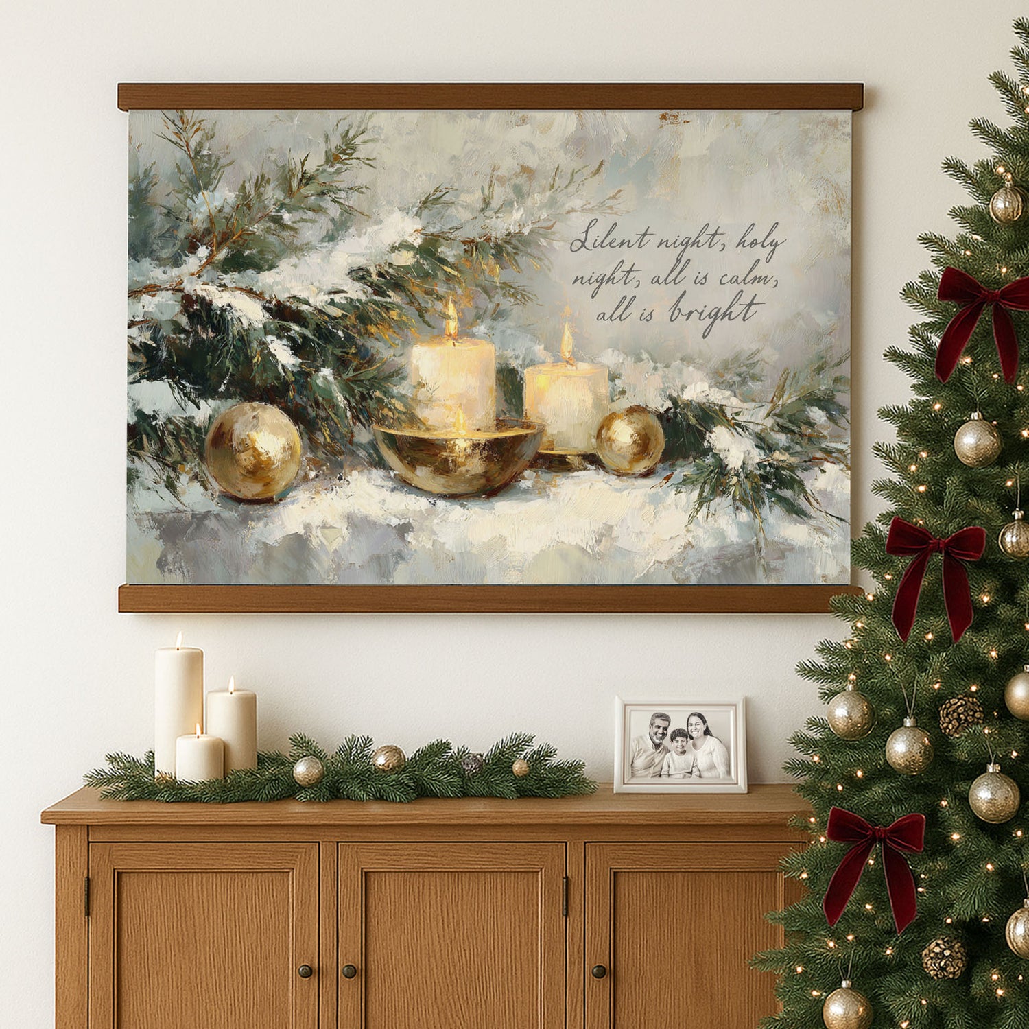a large painting of a Christmas scene with candles, ornaments, and a tree, hanging on a wall above a wooden cabinet.