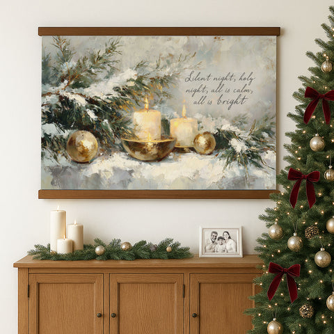 a large painting of a Christmas scene with candles, ornaments, and a tree, hanging on a wall above a wooden cabinet.