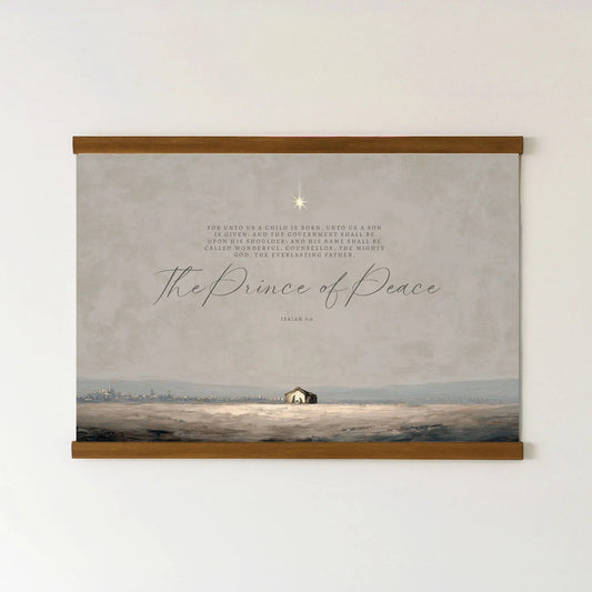 The image is a framed print of a serene landscape with a small house in the distance, set against a backdrop of a snowy field and a starry sky.