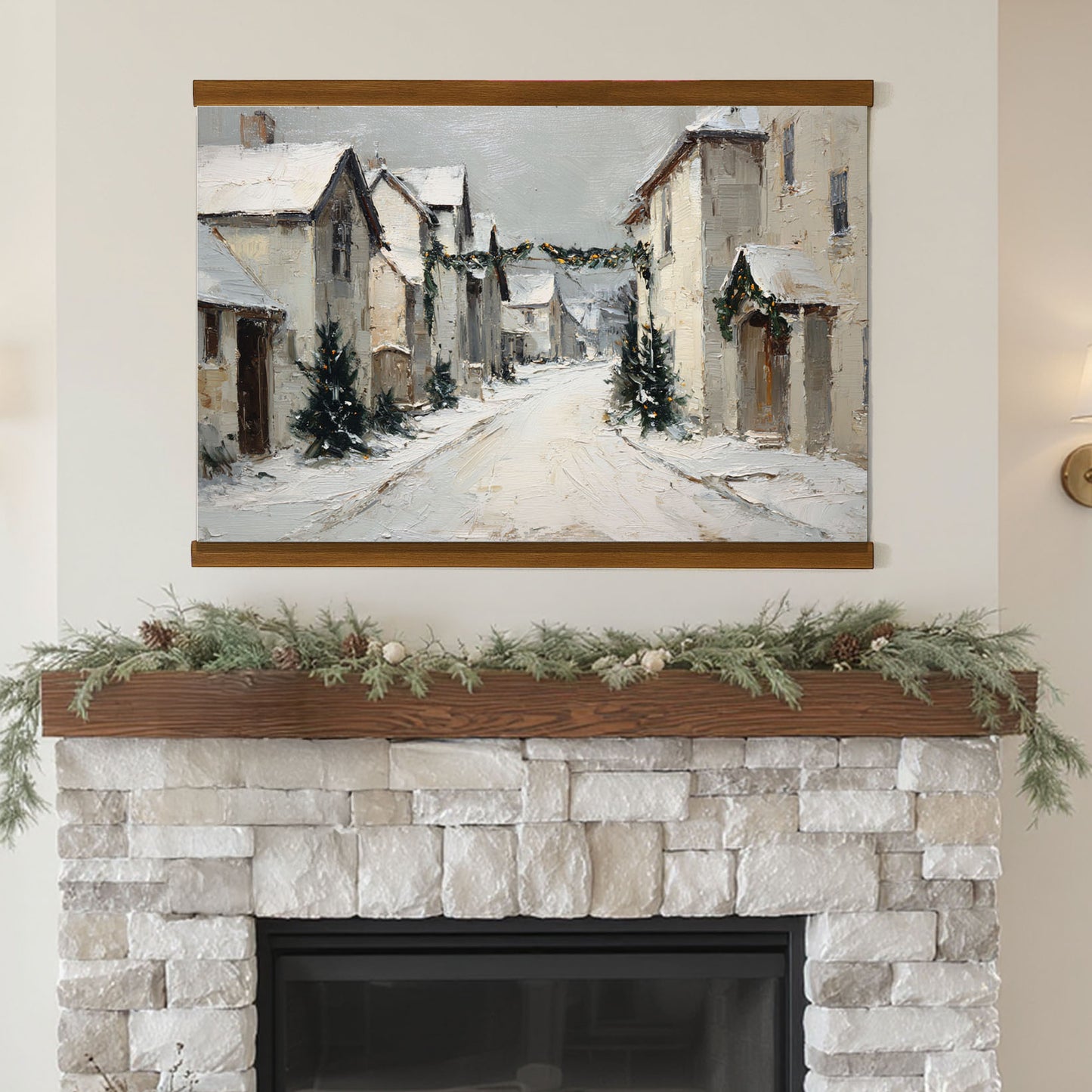 a cozy fireplace with a painting of a snowy village scene hanging above it. The painting depicts a quaint village with snow-covered houses and a winding road, creating a serene and picturesque winter landscape. The fireplace is adorned with a wreath of greenery and pine cones, adding a festive touch to the scene.