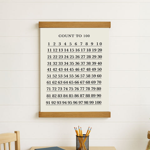 a white wall with a wooden frame displaying a counting chart from 1 to 100. In front of the frame, there is a metal container filled with pencils.