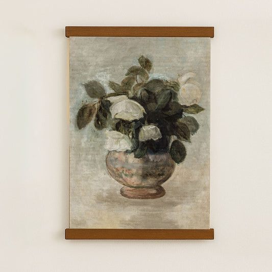 The image is a painting of a vase filled with white flowers, displayed on a wall.