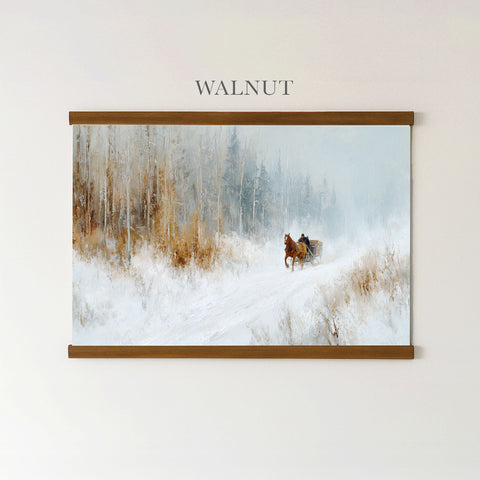 A painting of a horse-drawn sleigh traveling through a snowy forest.
