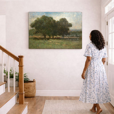 A woman in a white floral dress stands in a hallway, gazing at a painting of a tree-filled landscape hanging on the wall.