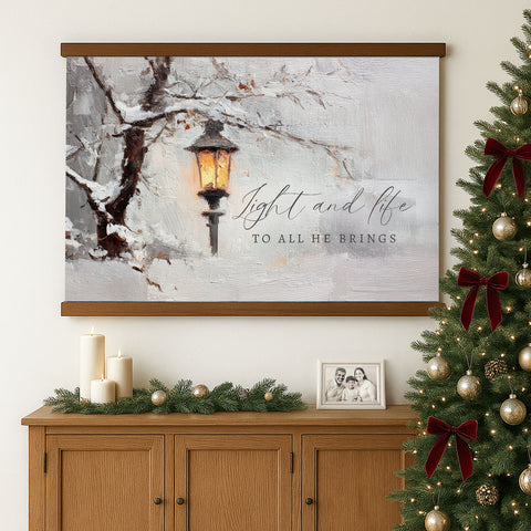 a large painting of a street lamp with snow on the ground, a Christmas tree, and a quote that reads 