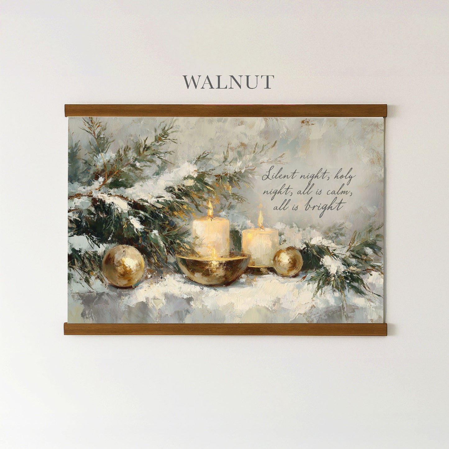 The image is a painting of a Christmas scene with candles, ornaments, and greenery, set against a snowy background.