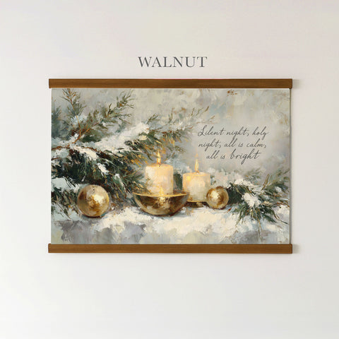 The image is a painting of a Christmas scene with candles, ornaments, and greenery, set against a snowy background.