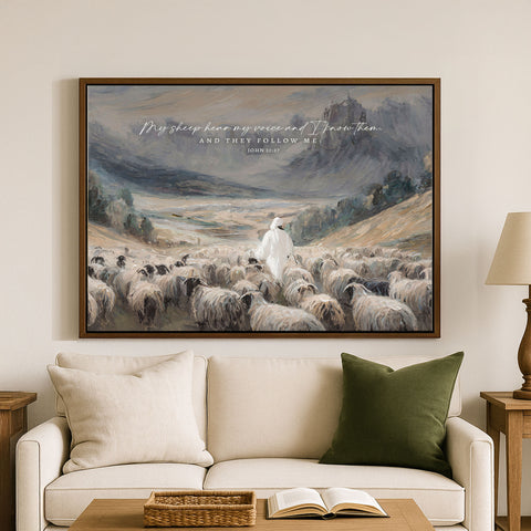 a serene pastoral scene with a shepherd walking through a flock of sheep in a mountainous landscape.