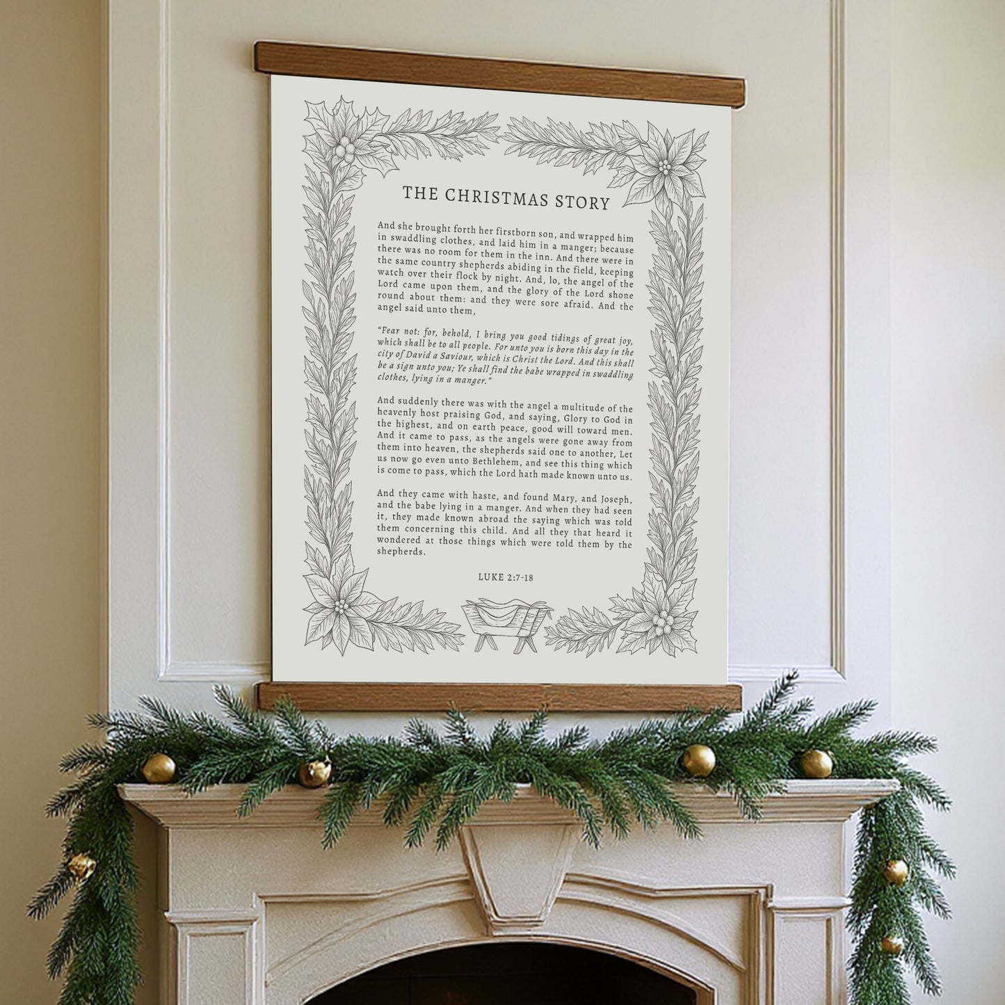 a fireplace decorated with a Christmas wreath and ornaments, with a framed text titled "THE CHRISTMAS STORY" hanging above it.