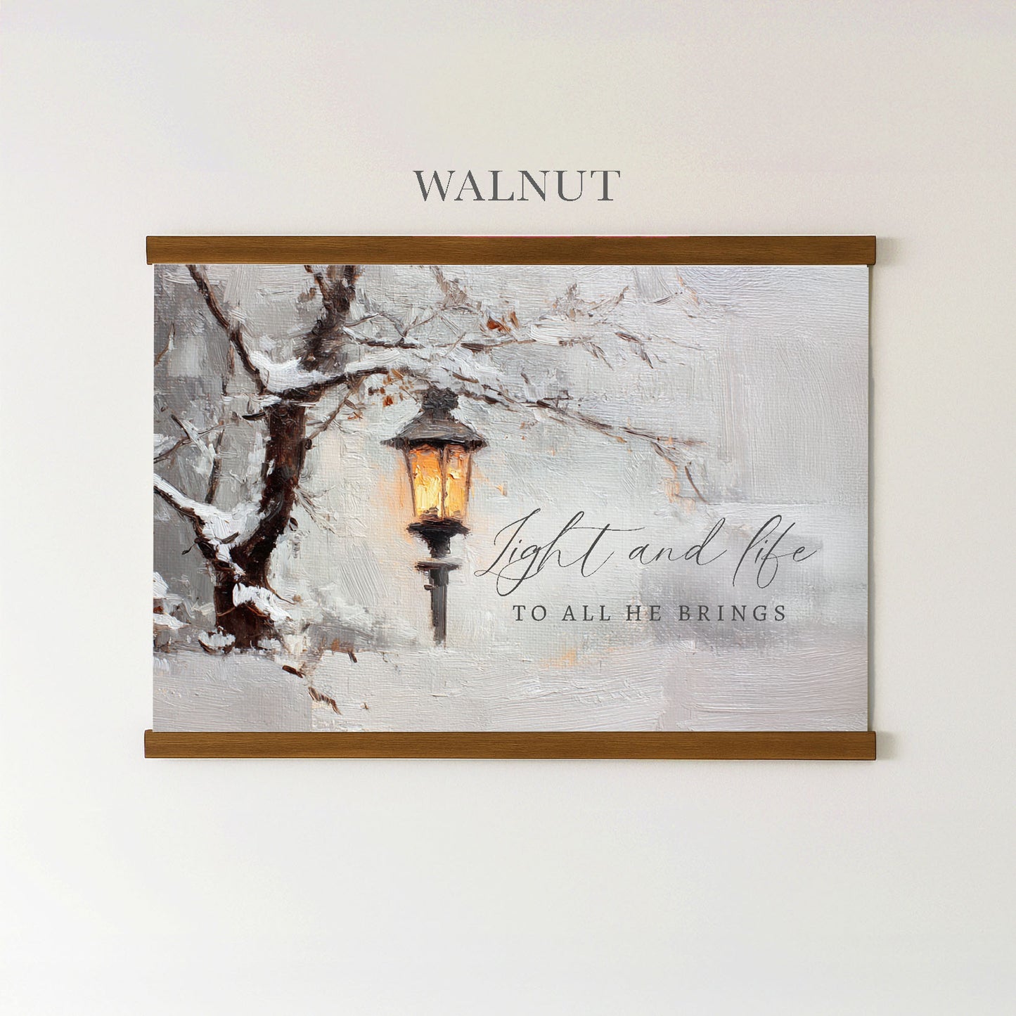 The image is a painting of a street lamp with snow-covered branches, accompanied by the text "Light and life to all he brings" in a decorative font.