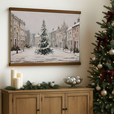 a cozy Christmas scene with a large framed painting of a snowy street and a decorated Christmas tree on a wooden cabinet below it.