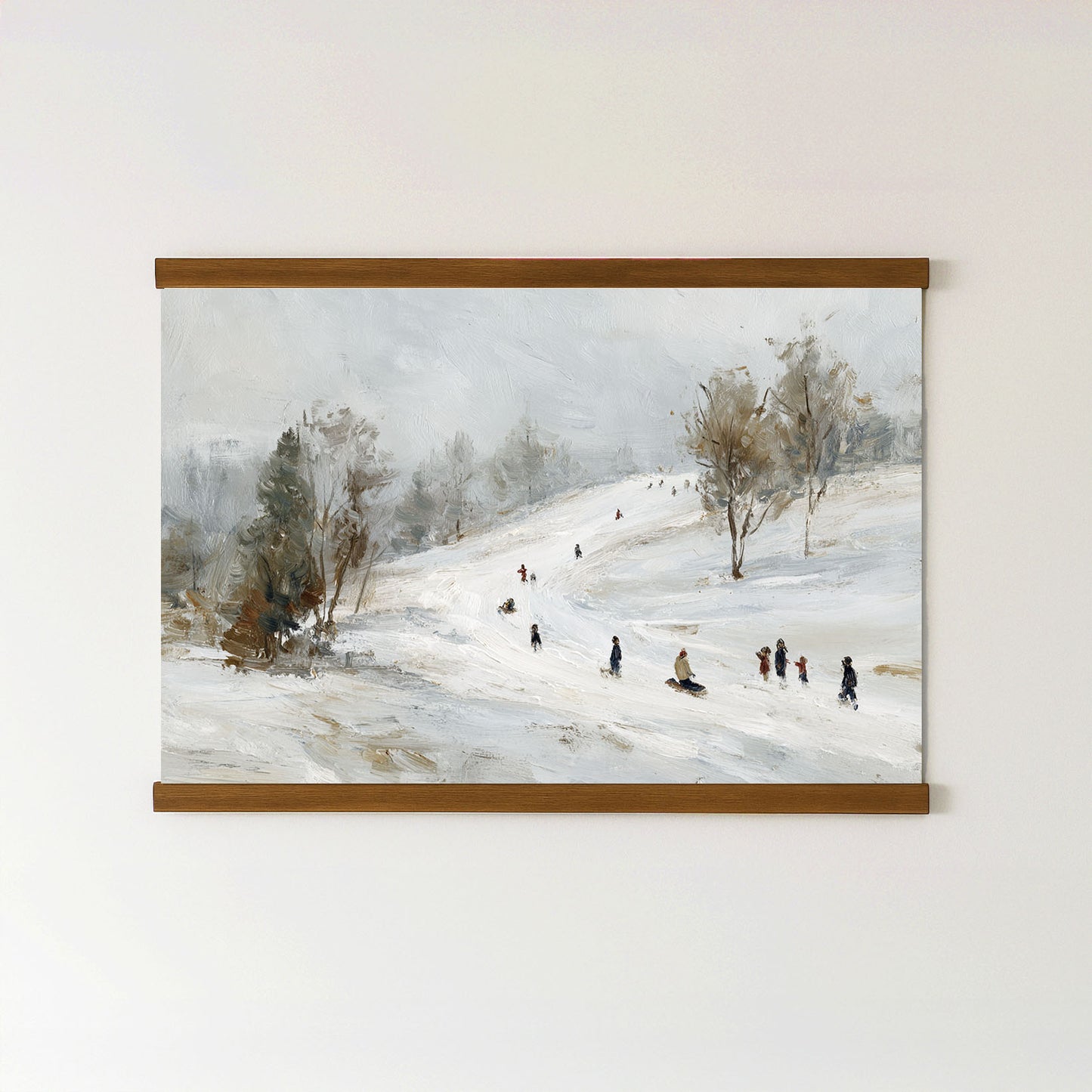 a snowy landscape with people walking and riding sleds down a hill.
