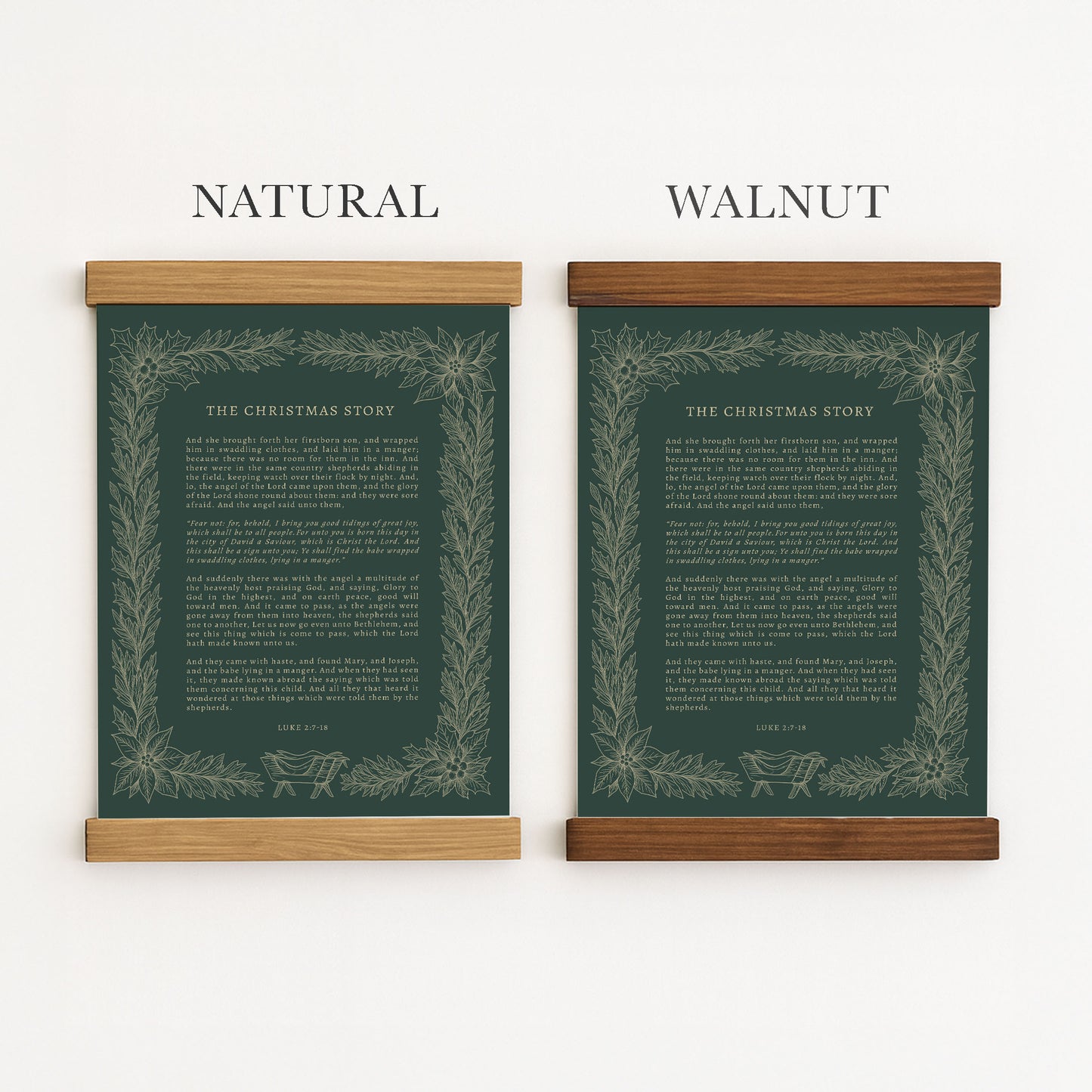 two framed artworks with a Christmas-themed design. The artworks are labeled as "Natural" and "Walnut" to indicate their color and frame material.