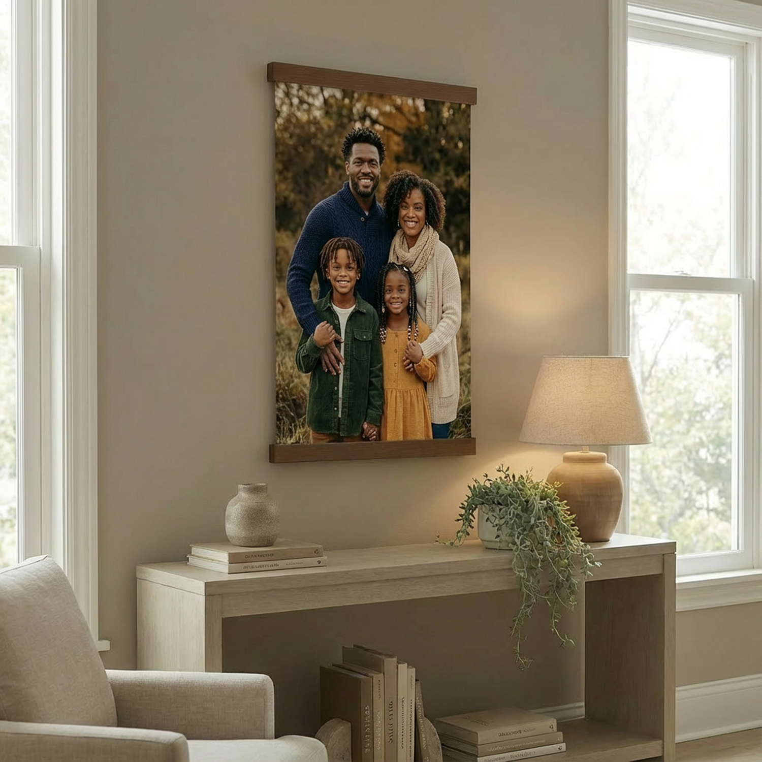 a family portrait hanging on a wall, with a lamp and a plant on a table below it.