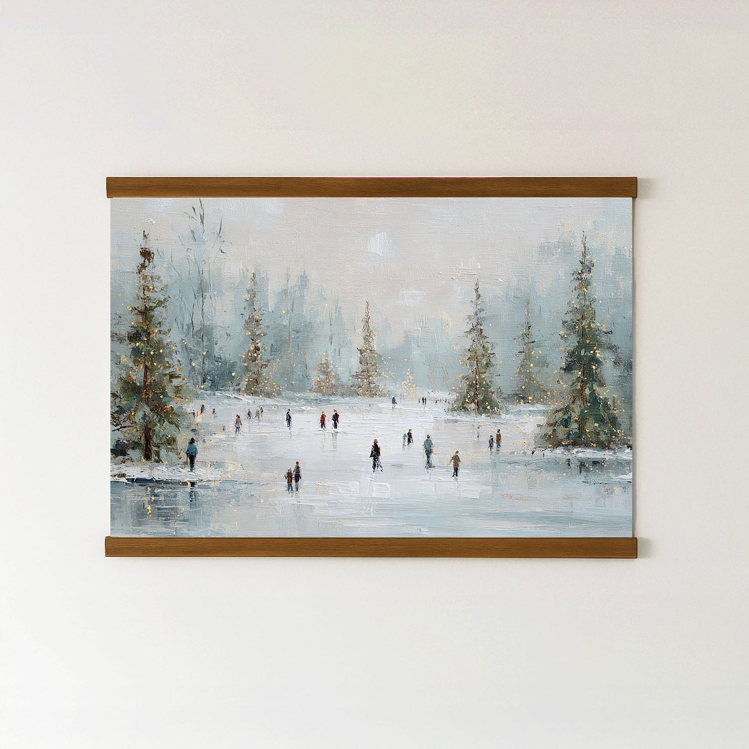 a snowy winter scene with people ice skating on a frozen lake, surrounded by snow-covered trees.