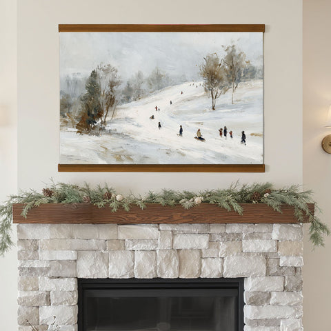 a snowy winter scene with people skiing and snowboarding down a hill.
