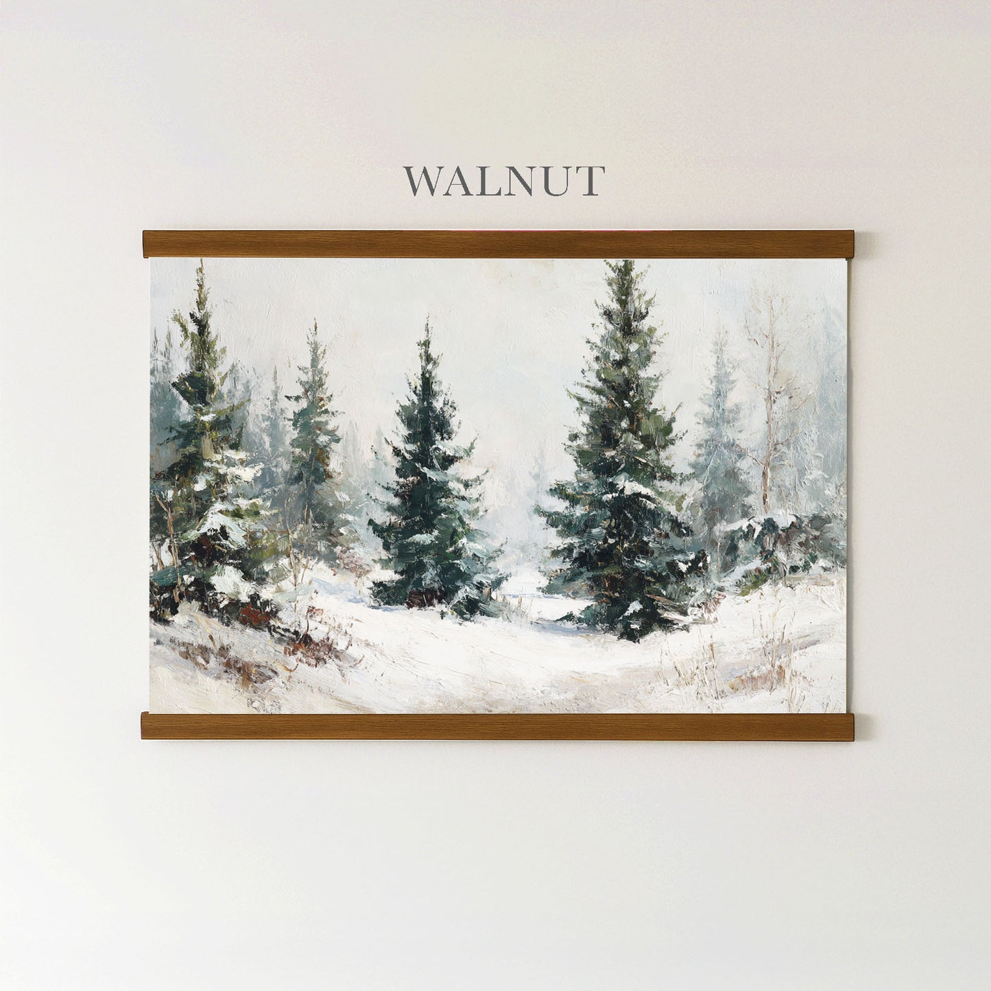The image is a painting of a snowy forest scene with tall pine trees covered in snow.