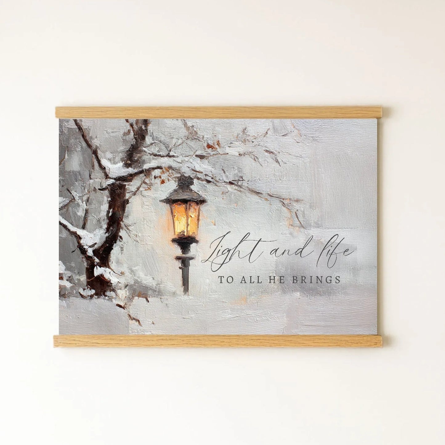 a lantern hanging from a tree branch, with snow-covered branches and a warm glow from the lantern.