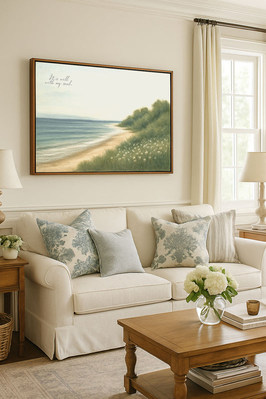 a living room filled with furniture and a painting on the wall