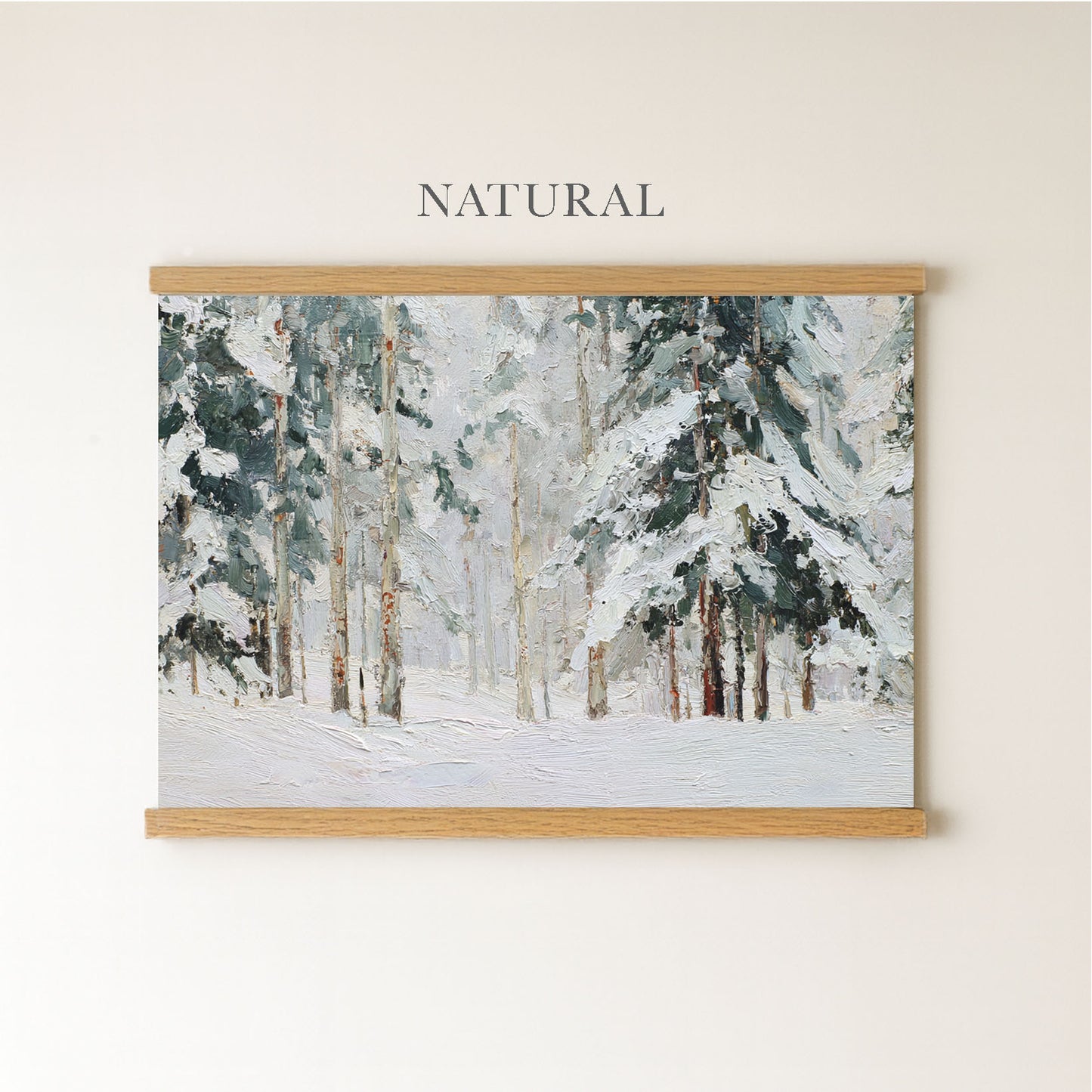 The image is a painting of a snowy forest scene, depicting a natural landscape with tall trees covered in snow.