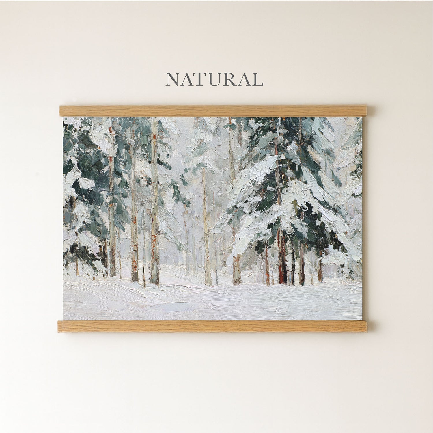 The image is a painting of a snowy forest scene, depicting a natural landscape with tall trees covered in snow.