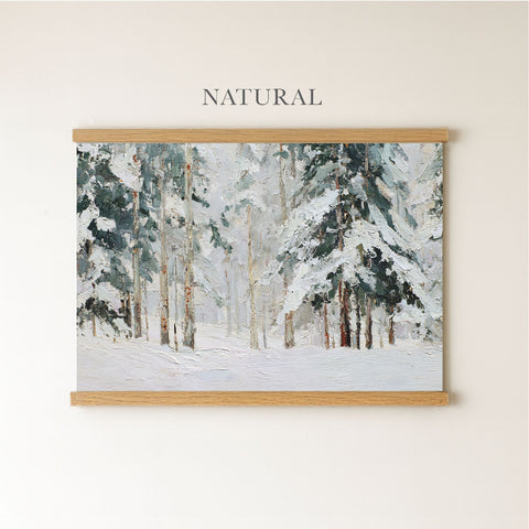 The image is a painting of a snowy forest scene, depicting a natural landscape with tall trees covered in snow.