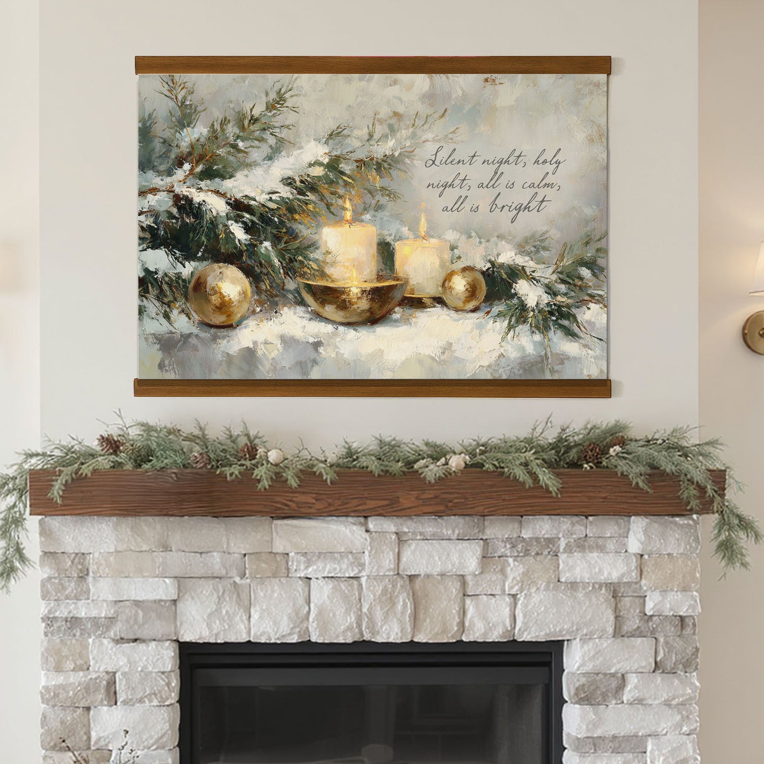 a fireplace adorned with a wreath and candles, creating a cozy and festive atmosphere.