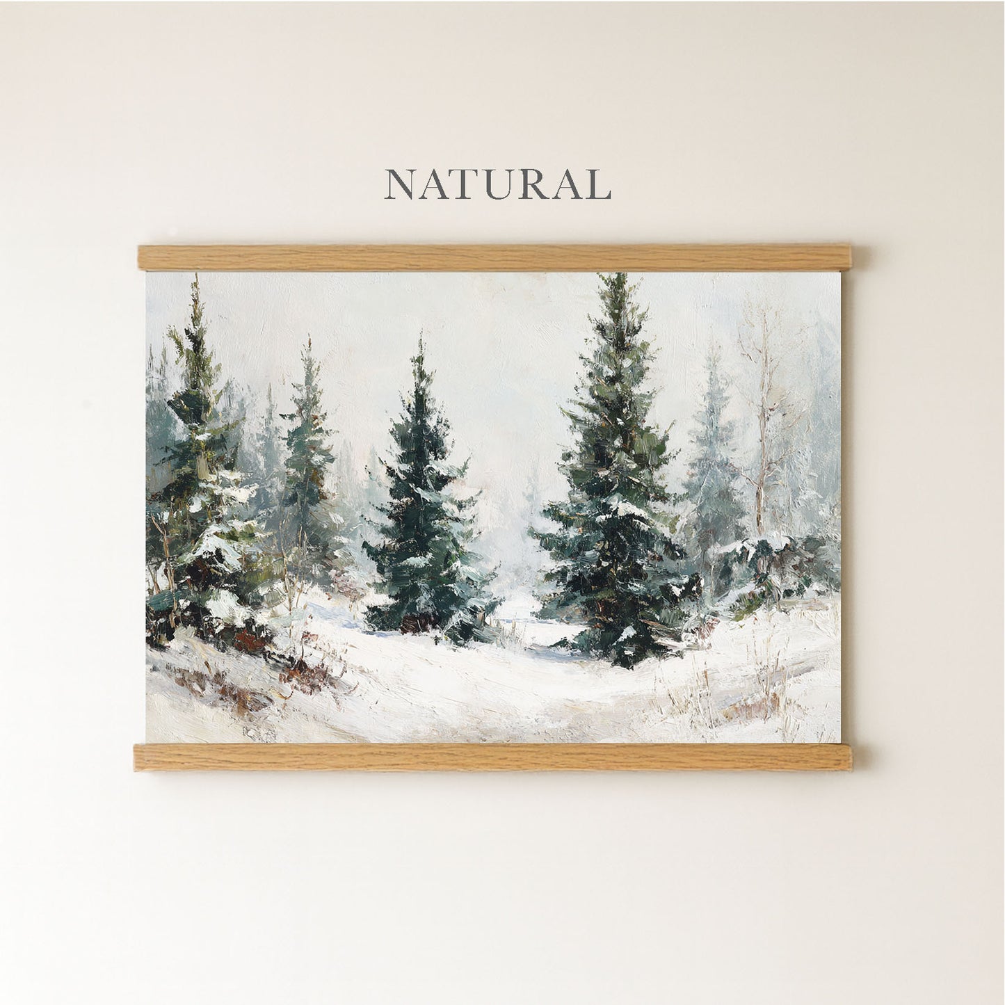 The image is a painting of a snowy forest scene with pine trees.