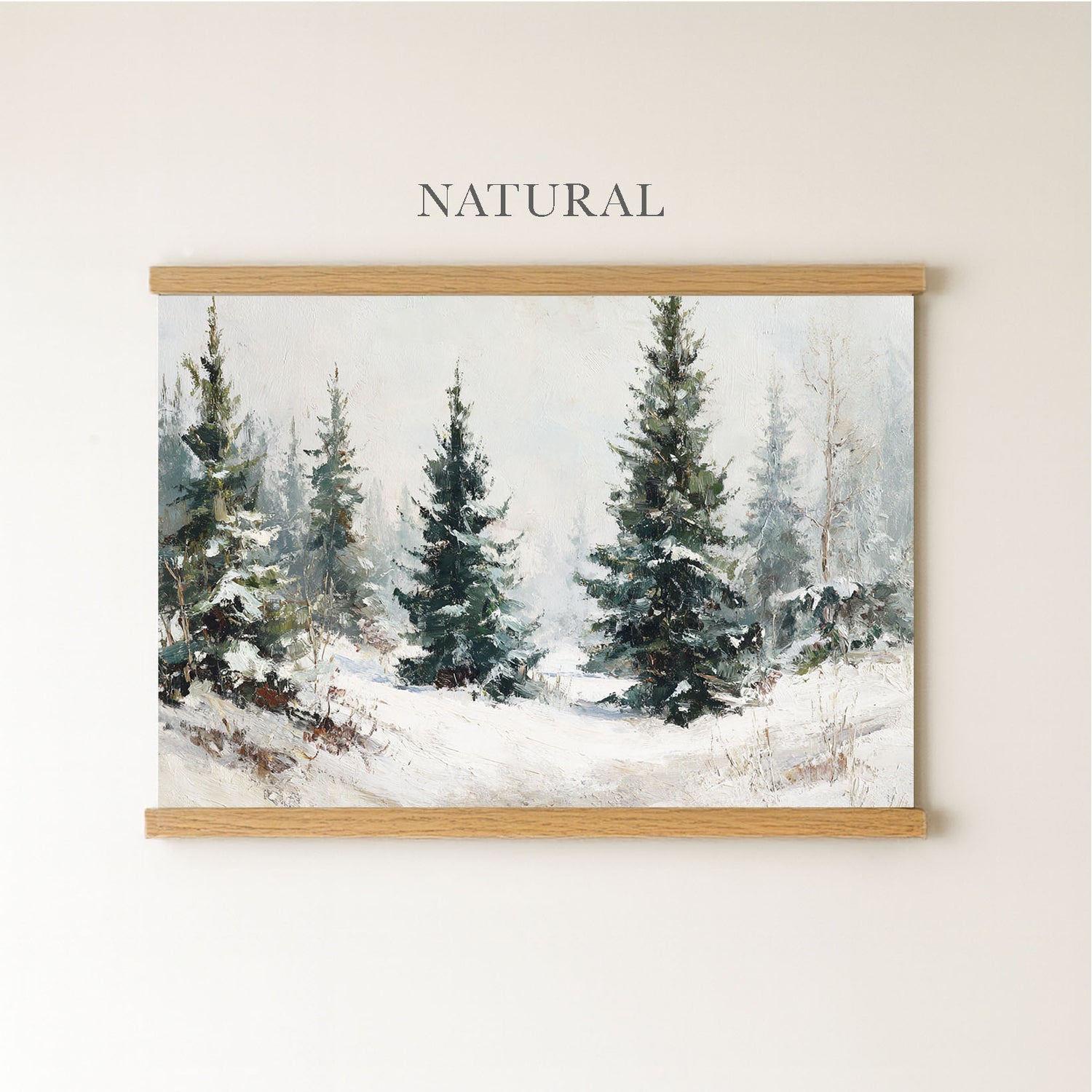 The image is a painting of a snowy forest scene with pine trees.