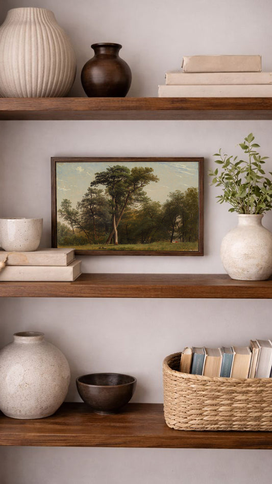 a wooden shelf with various decorative items and books, including a painting of a tree, a vase, a bowl, and a basket.