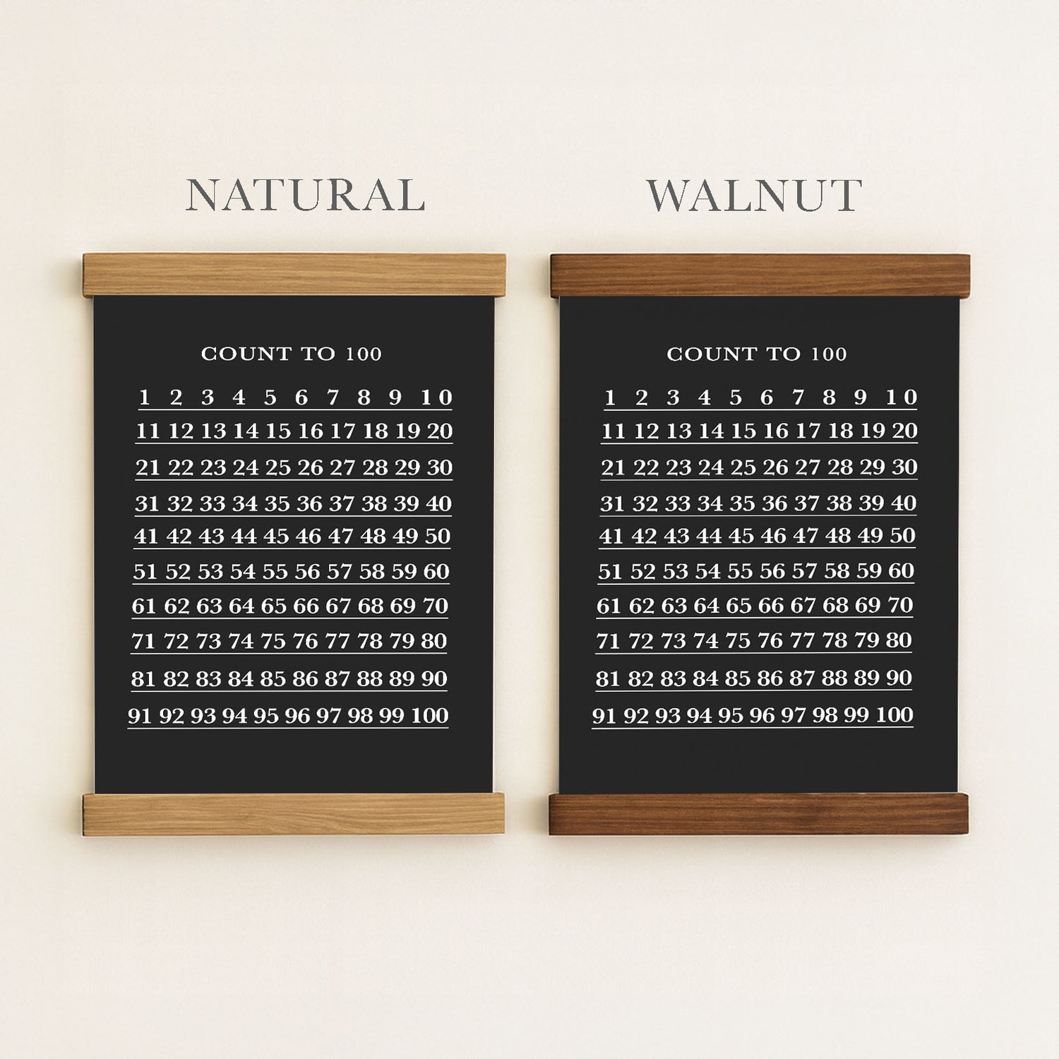 two black and white posters with numbers 1 through 100 written on them. The posters are hung side by side, with the word "NATURAL" on the left and the word "WALNUT" on the right.