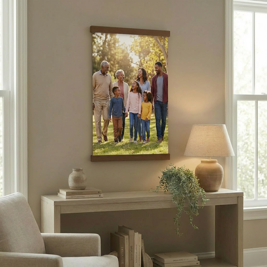 a family portrait hanging on a wall, with a table and lamp in the foreground.