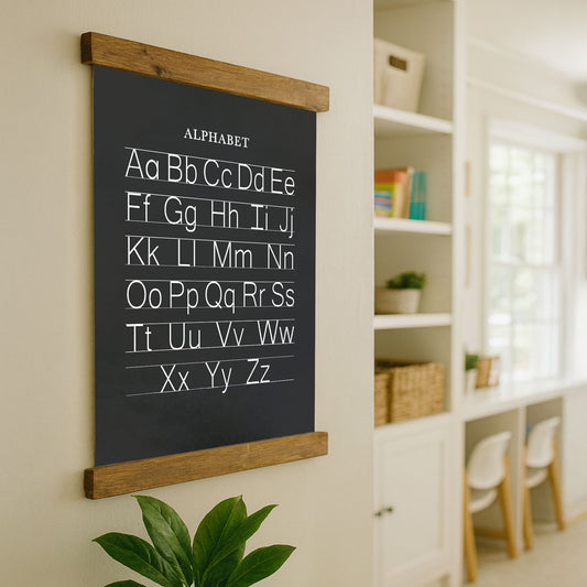 a blackboard with the alphabet written on it, hanging on a wall in a room with a plant and shelves in the background.