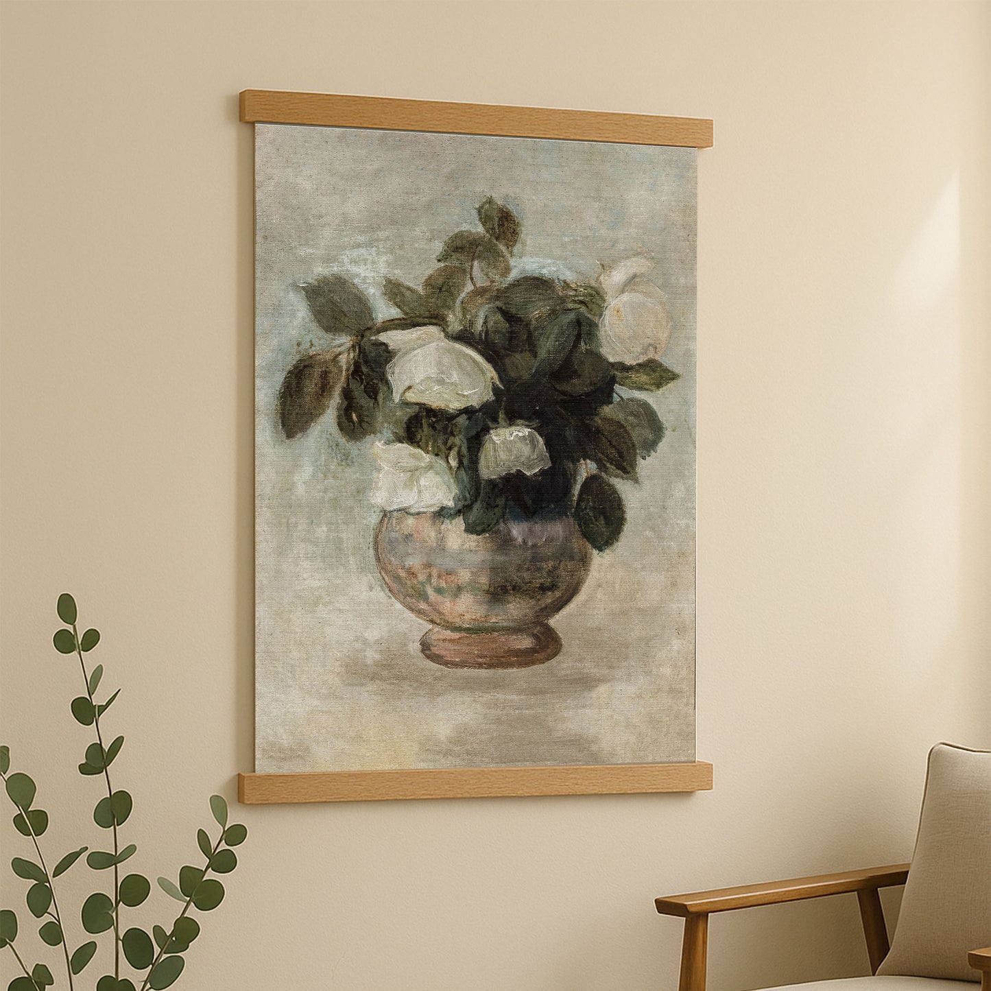a painting of a vase filled with white flowers hanging on a wall.