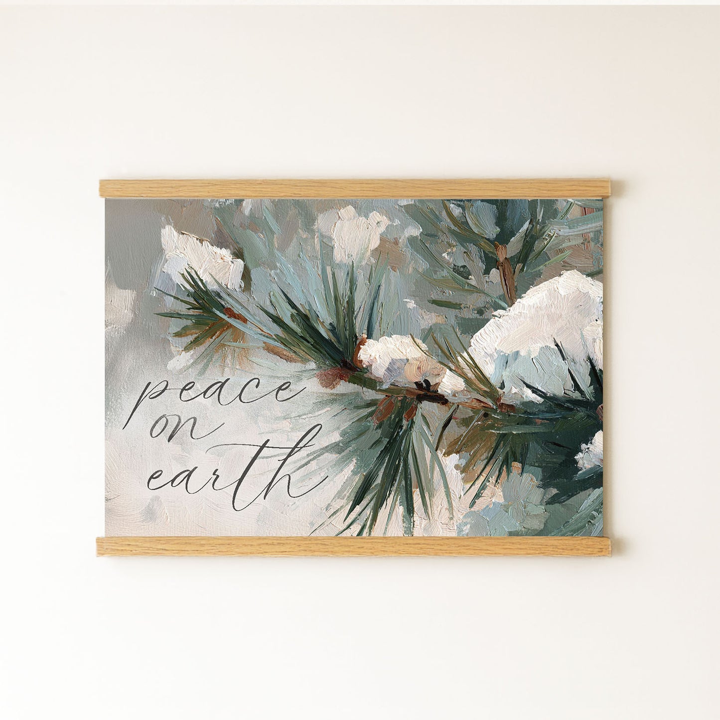 The image is a painting of pine branches with snow on them, and it features the text "Peace on earth" written in cursive on the painting.