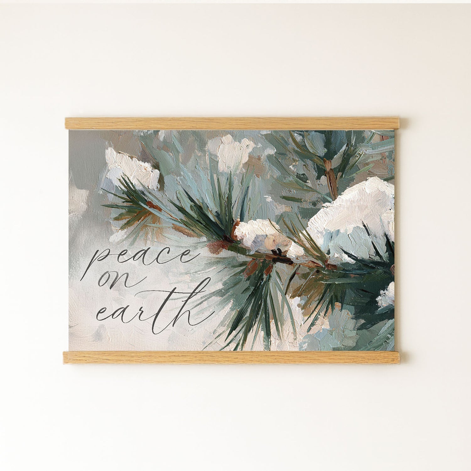 The image is a painting of pine branches with snow on them, and it features the text "Peace on earth" written in cursive on the painting.