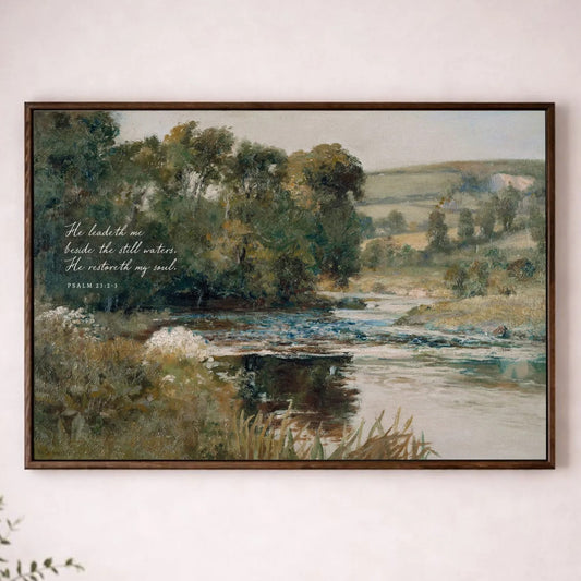 a painting of a serene landscape with a river, trees, and a peaceful atmosphere.