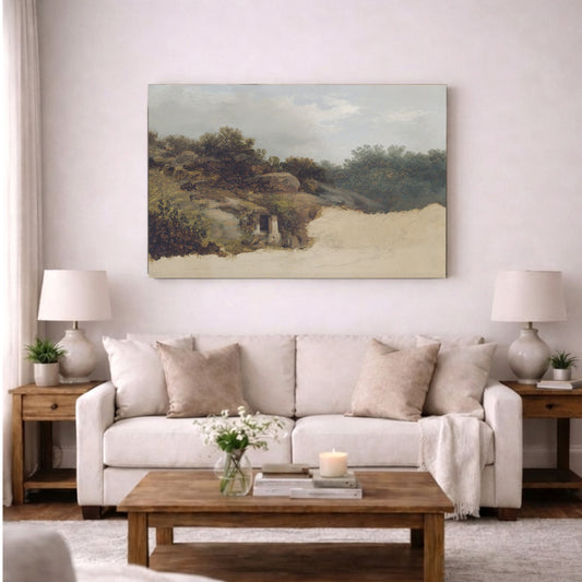 a cozy living room with a large painting of a landscape hanging on the wall above a white sofa. The sofa is adorned with throw pillows and a vase of flowers, adding a touch of elegance to the space. The room is further enhanced by the presence of two lamps on either side of the sofa, providing ample lighting. A wooden coffee table sits in front of the sofa, and a bookshelf filled with books can be seen in the background.