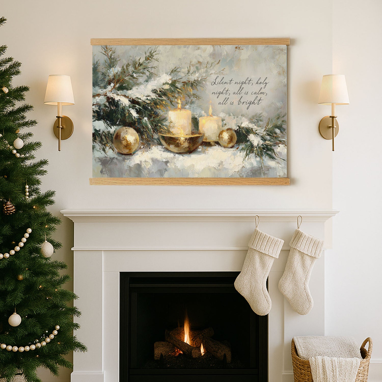 a cozy Christmas scene with a fireplace, a Christmas tree, and a framed painting hanging above it.