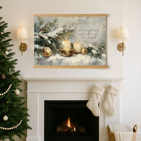 a cozy Christmas scene with a fireplace, a Christmas tree, and a framed painting hanging above it.
