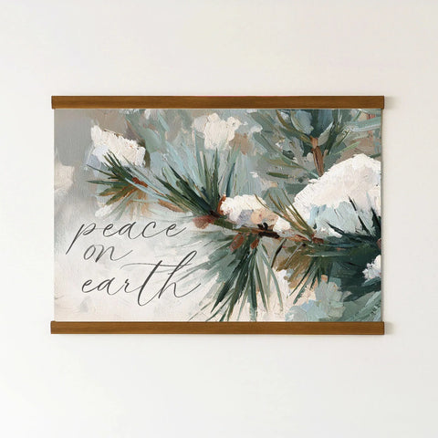 The image is a painting of pine branches with snow on them, and it has the text 