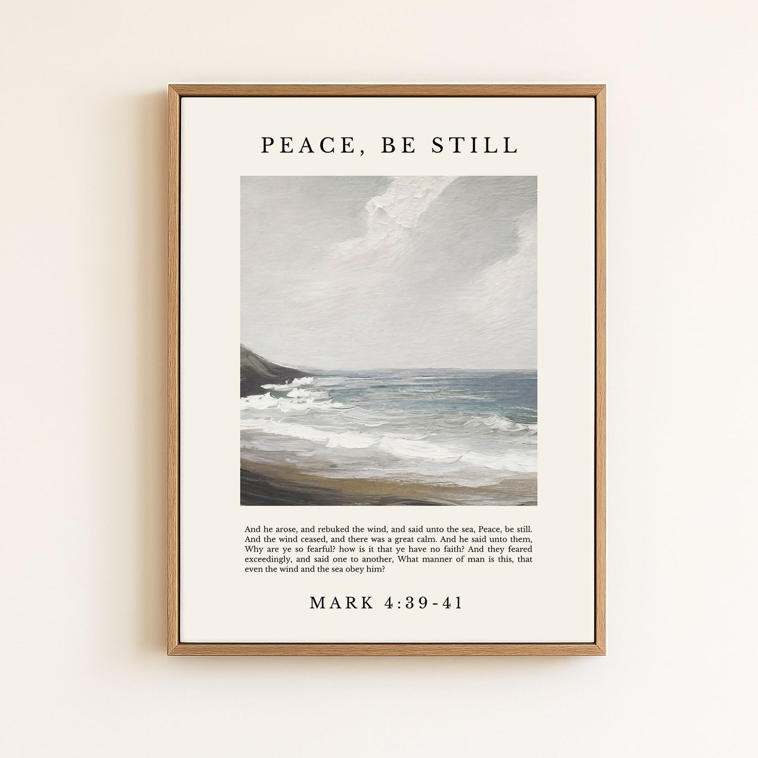 The image is a framed print featuring a painting of a serene ocean landscape with a text overlay that reads "PEACE, BE STILL" and includes a biblical verse from the book of Matthew.