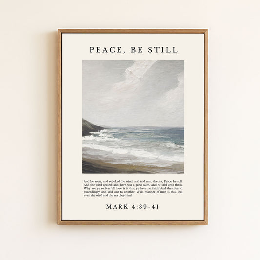 The image is a framed print featuring a painting of a serene ocean landscape with a text overlay that reads "PEACE, BE STILL" and includes a biblical verse from the book of Matthew.