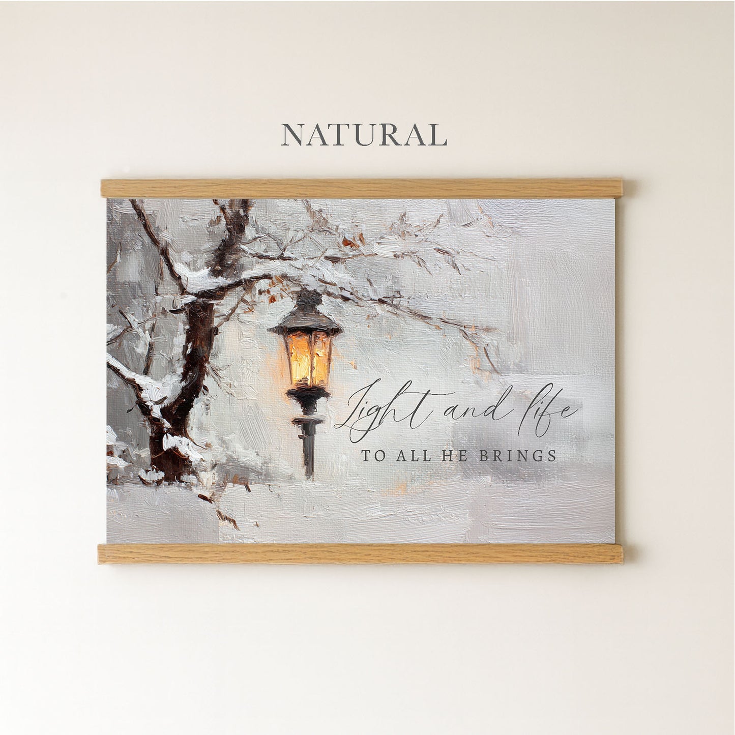 The image is a painting of a street lamp with a snowy tree in the background, and there is a quote written below the painting that says "Light and me to all he brings".