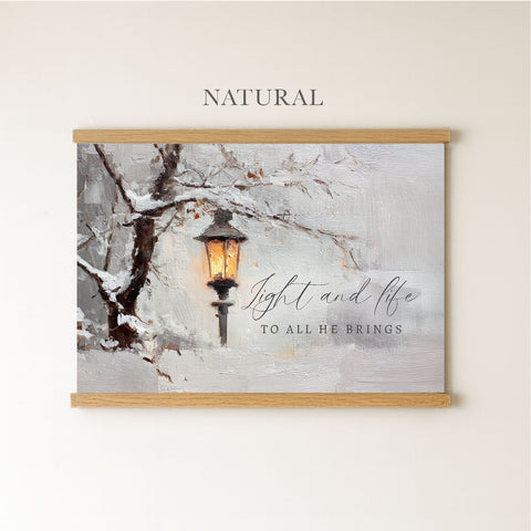 The image is a painting of a street lamp with a snowy tree in the background, and there is a quote written below the painting that says 