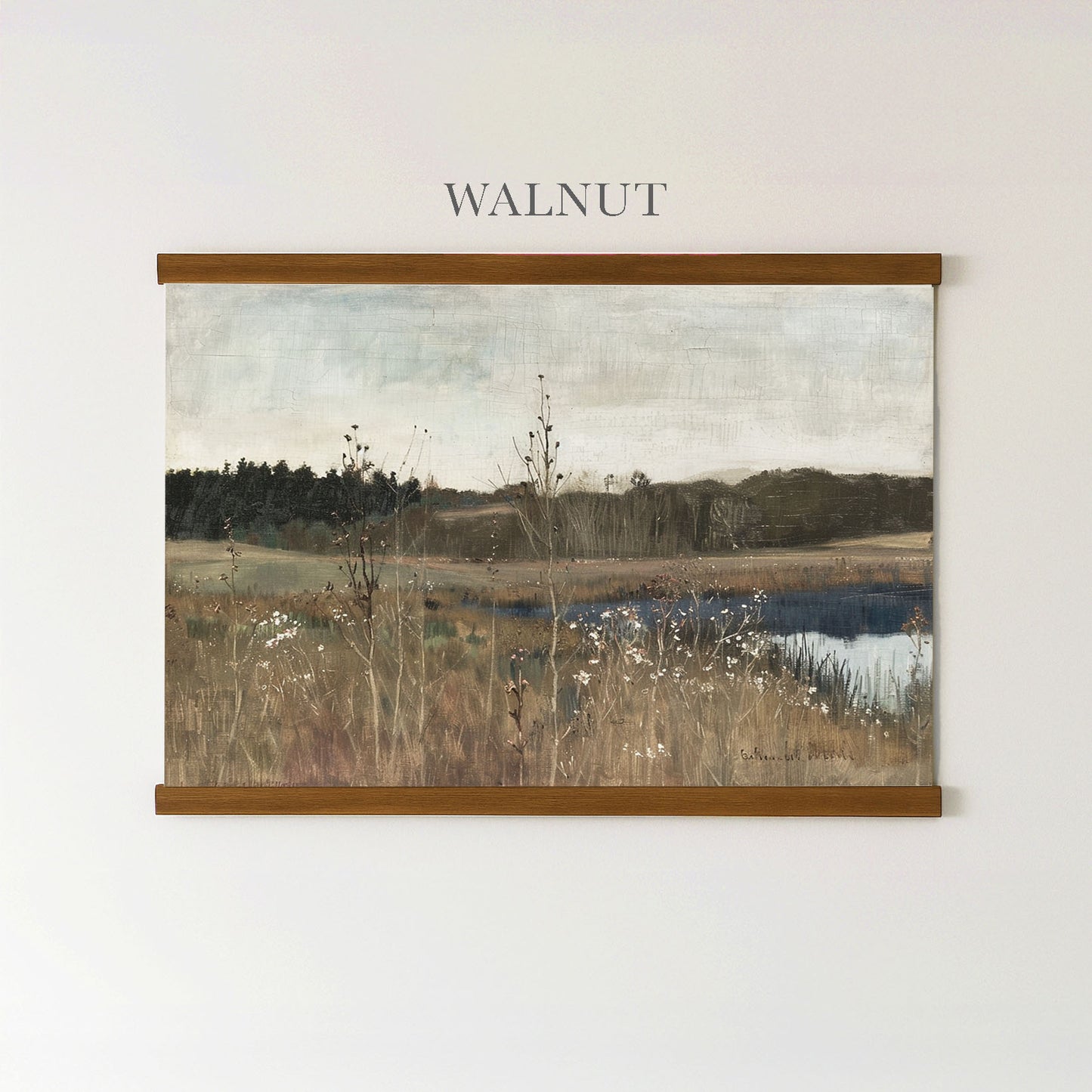 The image is a painting of a serene landscape with a field, a river, and some trees in the background.