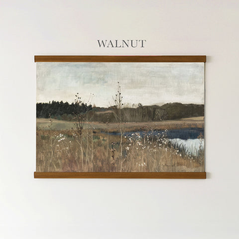 The image is a painting of a serene landscape with a field, a river, and some trees in the background.