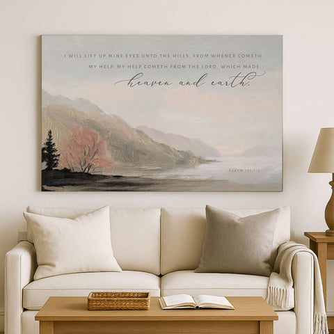 a serene landscape with a mountain range, a lake, and a tree with pink leaves. The text above the image reads 