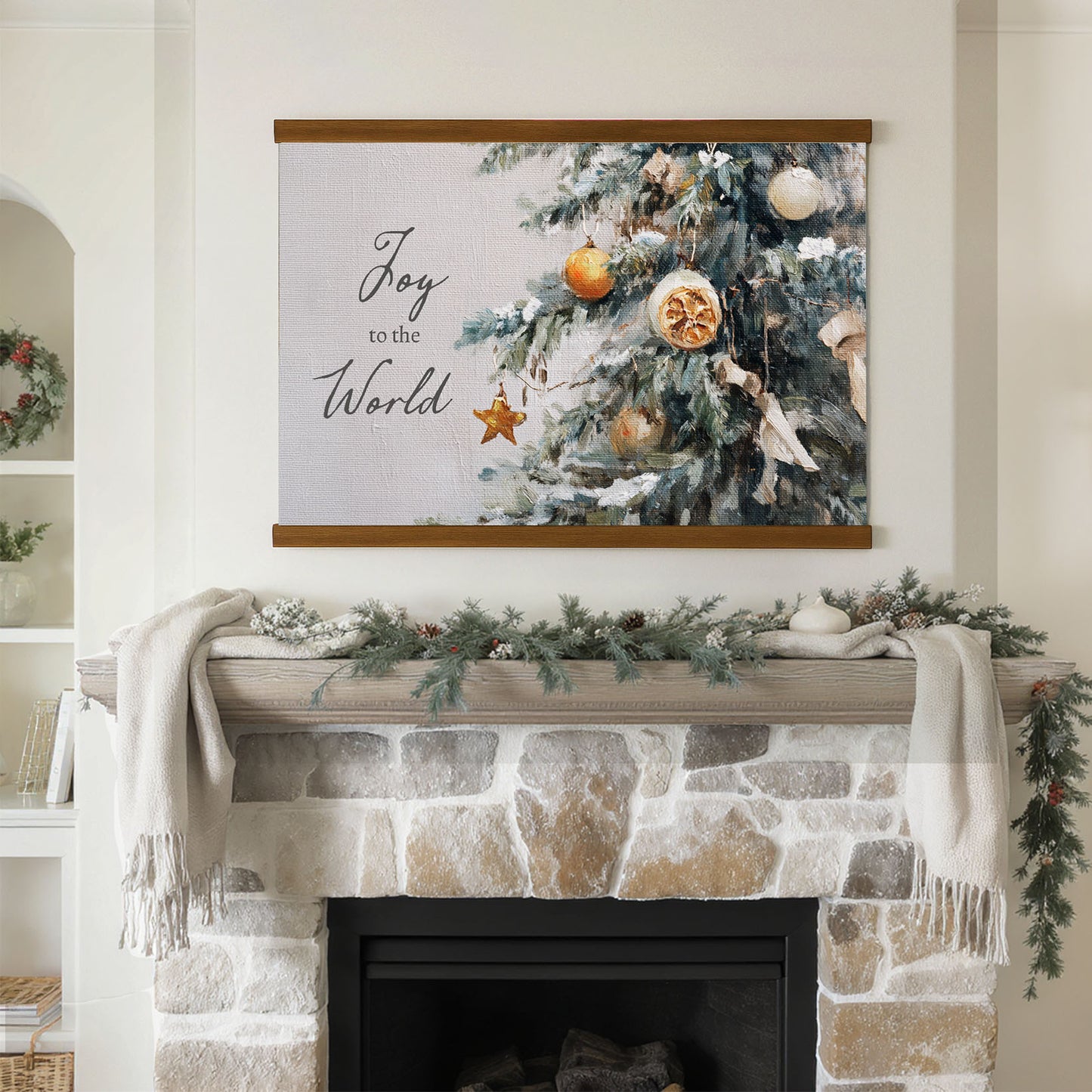 a cozy fireplace decorated for the holiday season, with a framed painting of a Christmas tree and ornaments hanging above it. The painting has the text "Joy to the World" written on it, adding a festive touch to the scene.